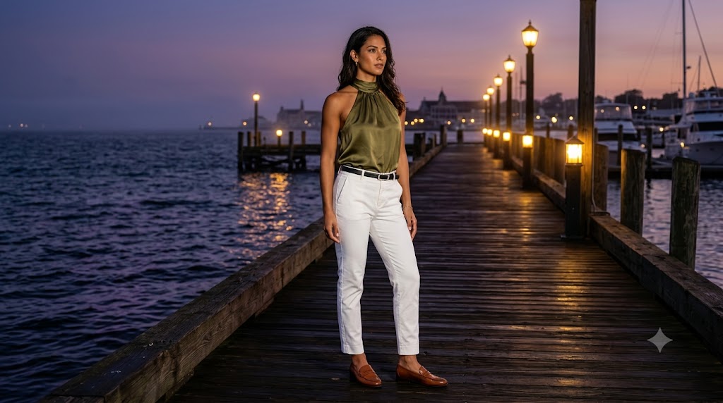Satin Halter Top & Crystal-Belted White Chinos
